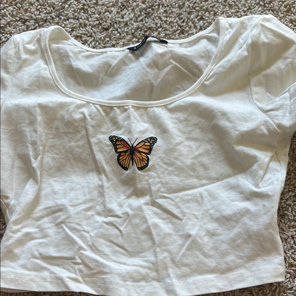 White Butterfly Embroidered Crop Top